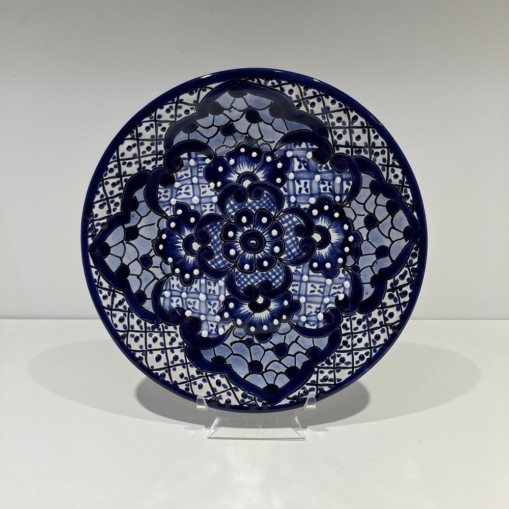 Mexican Talavera Blue White Floral Plate Hand Painted Ceramic Wall Decor 8"